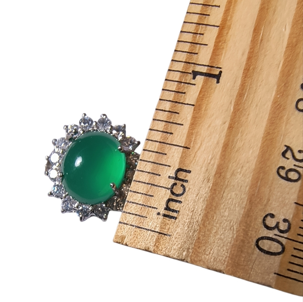 Sterling Silver Chrysoprase Halo Ring with Sparkling Clear Stones, Split Shank - Picture 4 of 11